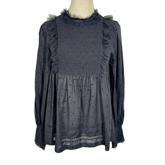 THE GREAT. The Portrait Tulle-Trimmed Flocked Cotton-Blend Voile Smocked Blouse - Picture 6 of 16
